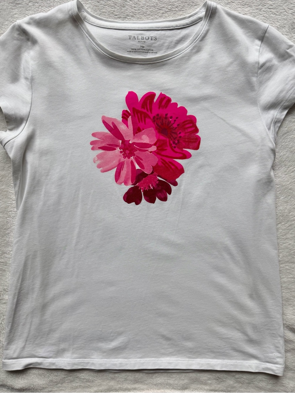 Talbots Petite White Tee with Bright Pink Floral Graphic